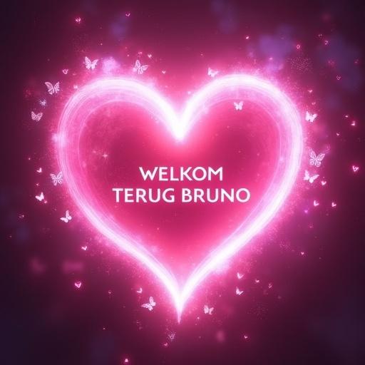 A large radiant pink heart glows warmly. "WELKOM TERUG BRUNO" is inside the heart in a playful font. An ethereal pink and purple swirl surrounds the heart. White butterflies and miniature hearts float in the glowing background. Soft pastel hues contrast with vibrant pink shades against a dark background.