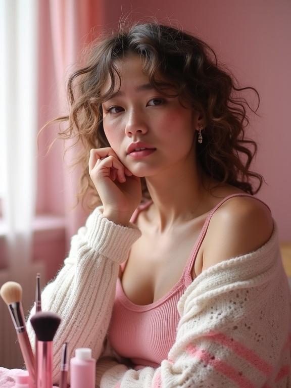 Photograph of a young woman in a pastel-themed vanity space. She has curly hair and is wearing a low-cut pink top with a dirty white cardigan. The surrounding is filled with makeup brushes and beauty products. Natural light illuminates her face showing tears and running mascara. She appears emotional with a thoughtful pose.