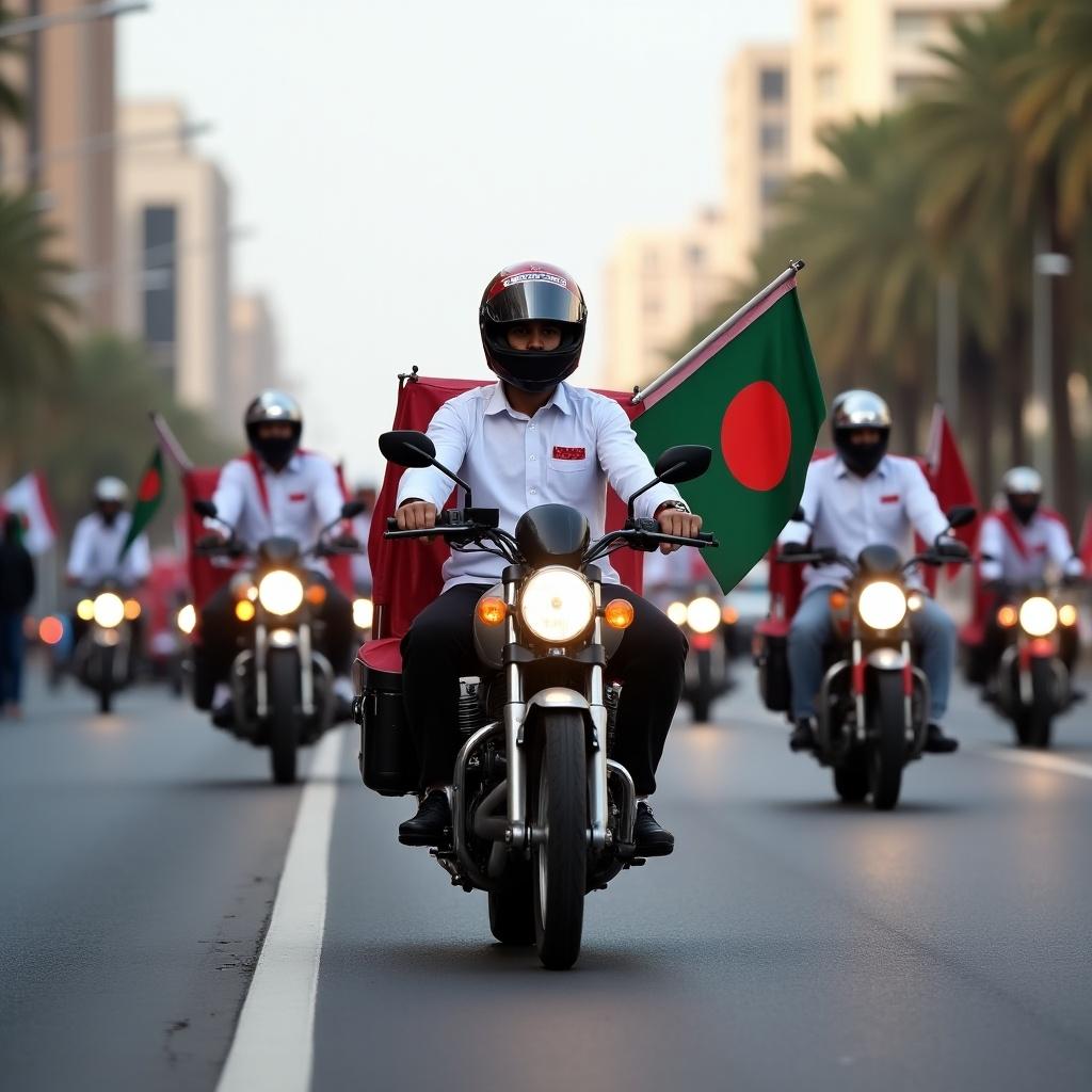 Delivery men on motorcycles ride in Qatar city street. Celebrating National Day on December 18th, 2024. Riders hold Qatar and Bangladesh flags. Bright and festive atmosphere.