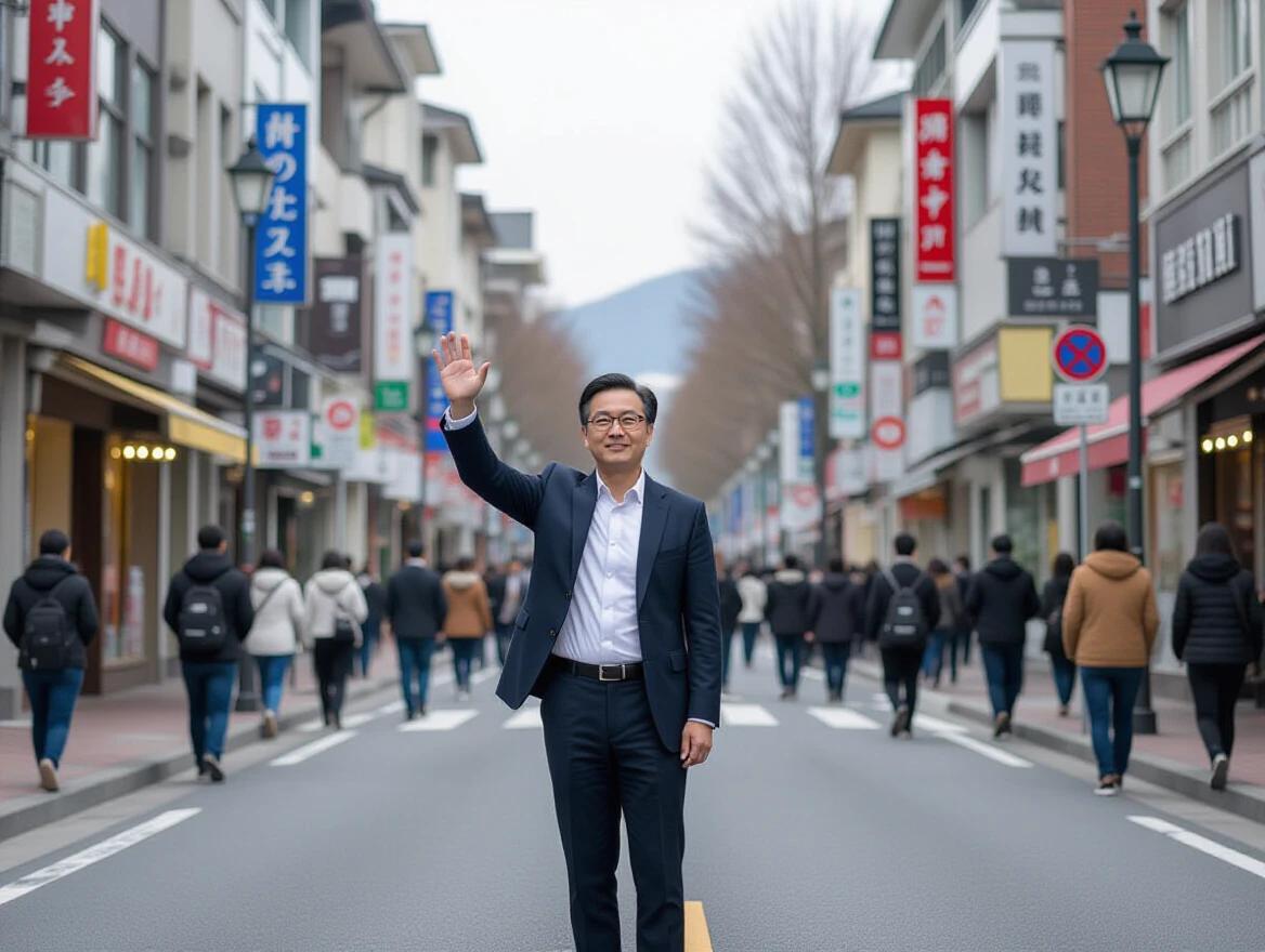 A man stands on the street and waves hand in a realistic style. The street is bustling with pedestrians and lined with shops. Buildings are modern and well-maintained with colorful signs. It looks like a typical urban setting.