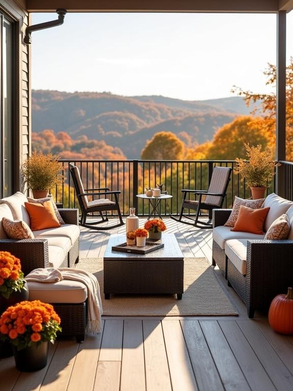 Bright spacious outdoor deck with modern patio furniture and autumn-themed decor. Scenic landscape of rolling hills covered in fall foliage. Cushioned lounge chairs and loveseat with orange pillows. Dark rattan coffee table with snacks. Composite wood decking in medium oak tone. Potted orange chrysanthemums around. Dark metal railings with vertical balusters. Rocking chairs at the end of the deck. Warm inviting atmosphere with modern rustic charm.