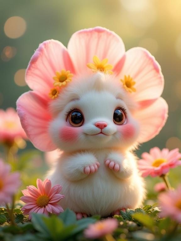 A charming flower-like creature with a round face and large expressive eyes. Surrounded by pink flowers, lush green foliage, and soft bokeh lights.