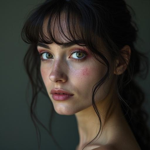 A woman possesses three eyes. She has long dark hair flowing gently. A soft expression accompanies her unusual feature. The background is a muted dark green. The image focuses on her profile. Her shoulder is slightly visible.