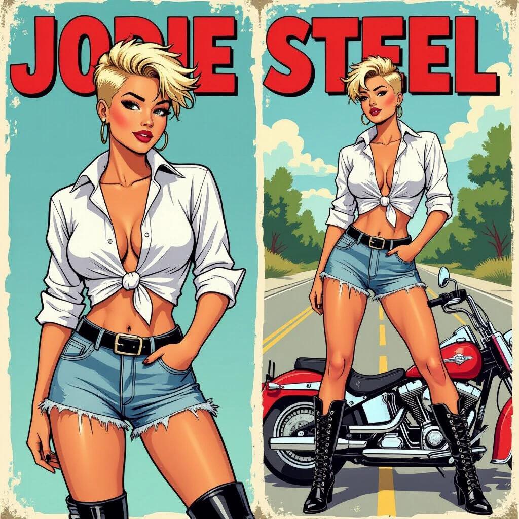 A comic-strip style illustration features a confident young woman named Jodie Steel. She has straw-blonde hair styled in a punk manner. Jodie wears an unbuttoned white shirt knotted at the waist. Faded ripped denim shorts and black motorcycle boots complete her look. The background shows a sunny landscape with a motorbike. Jodie poses with her hand through her hair, looking back over her shoulder.