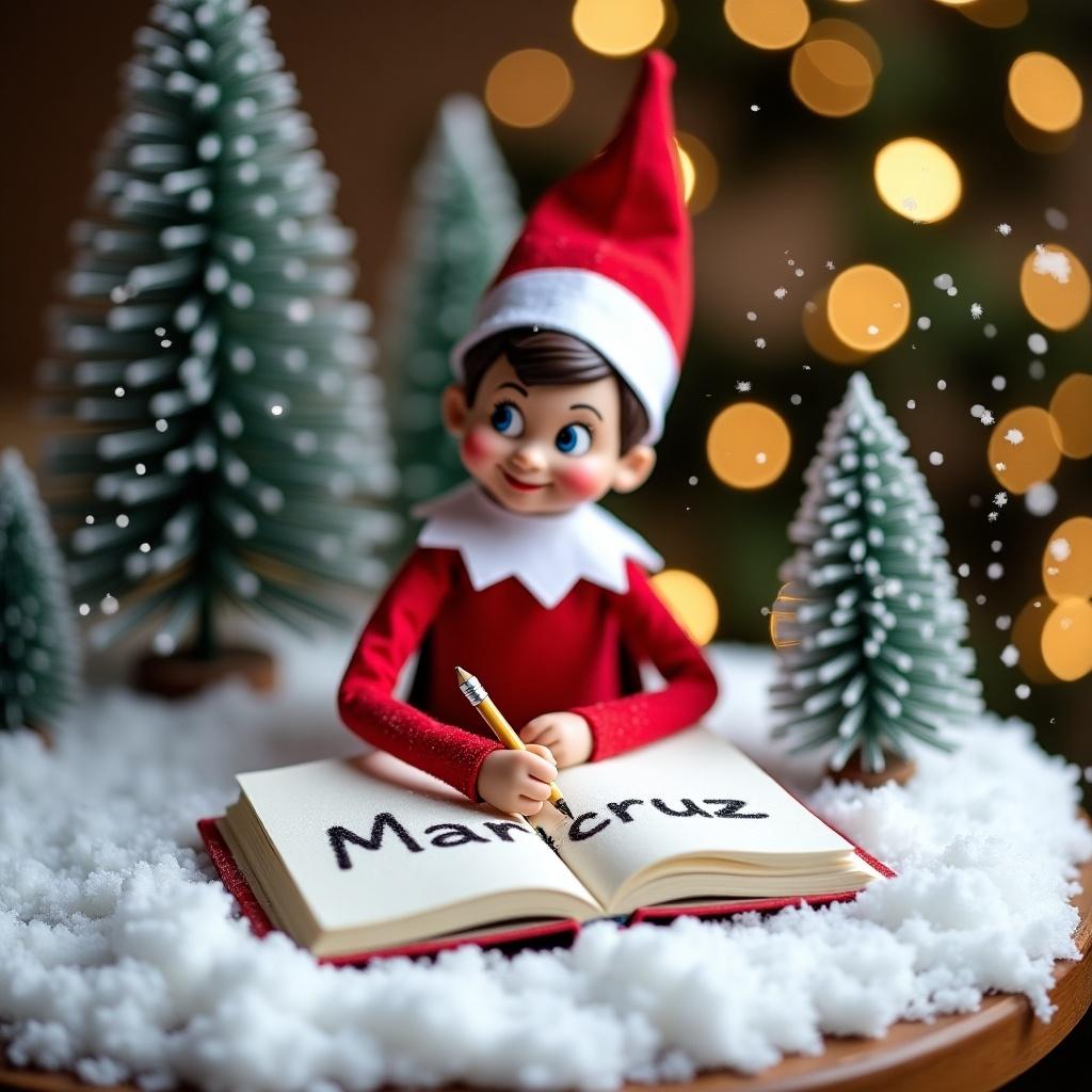 Elf on the Shelf is at a snowy table. Elf is writing in a book. Background has evergreen trees and twinkling lights. Elf wears red and white outfit. Snowflakes are falling. Name Maricruz is written in the snow.