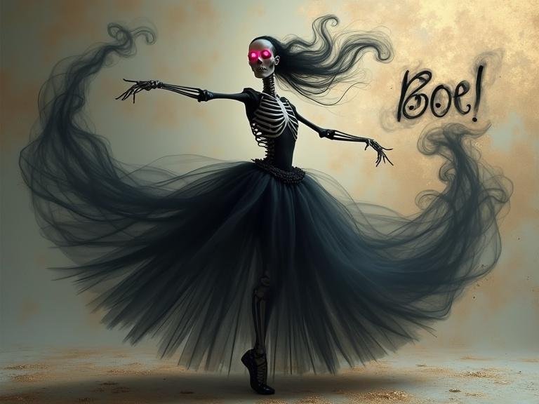 Skeleton ballerina dances gracefully. Black tutu transforms into smokey 'Boo!' calligraphy. Softly illuminated backdrop with gold dust. Blends eeriness and beauty.