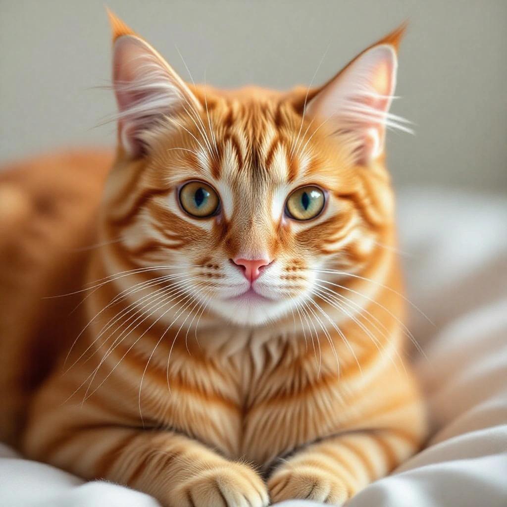 Orange cat with a soft background emphasizing its features. The cat is resting comfortably with visible fur patterns and bright eyes.