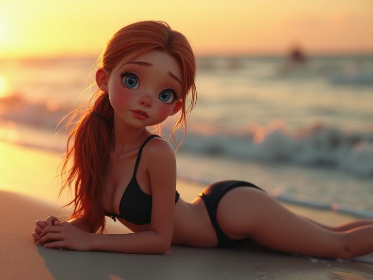 A cute teenage girl with a skinny body lies on her back along a beach at sunset. She has a long auburn ponytail, pale skin with freckles, and vibrant pale blue eyes. She wears a tight black bikini. The scene captures photorealistic details with an 8k resolution, depth of field, and an exhausted expression.