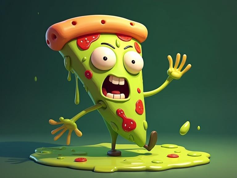 Anthropomorphic pizza slice with green pizza sauce. Character has a villainous expression. Rendered in a cel-shaded painterly 3D anime style.