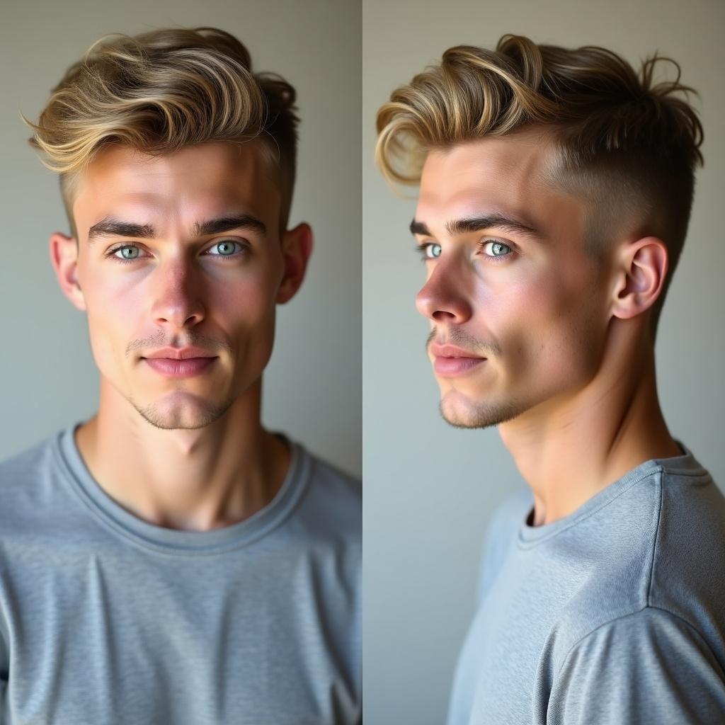 This image features a young, handsome man standing against a neutral backdrop. He displays both front and side profiles, highlighting his stylish blond hair that has volume and texture. His bright blue eyes and well-defined jawline convey a confident, yet relaxed demeanor. He is dressed in a simple gray t-shirt, which complements his overall look. The soft and natural lighting emphasizes his facial features and hairstyle effectively. This image is a perfect fit for the fashion and grooming industries.