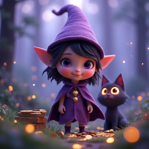 Woodland Elf with big sparkling eyes wears a whimsical hat and flowing cloak. Stands by fluffy black cat with glowing eyes. Surrounded by gold coins grass and magical sparkles. Set in enchanted forest at twilight with fireflies mist and soft lighting. Art style is 3D semi-realistic inspired by Disney Pixar.