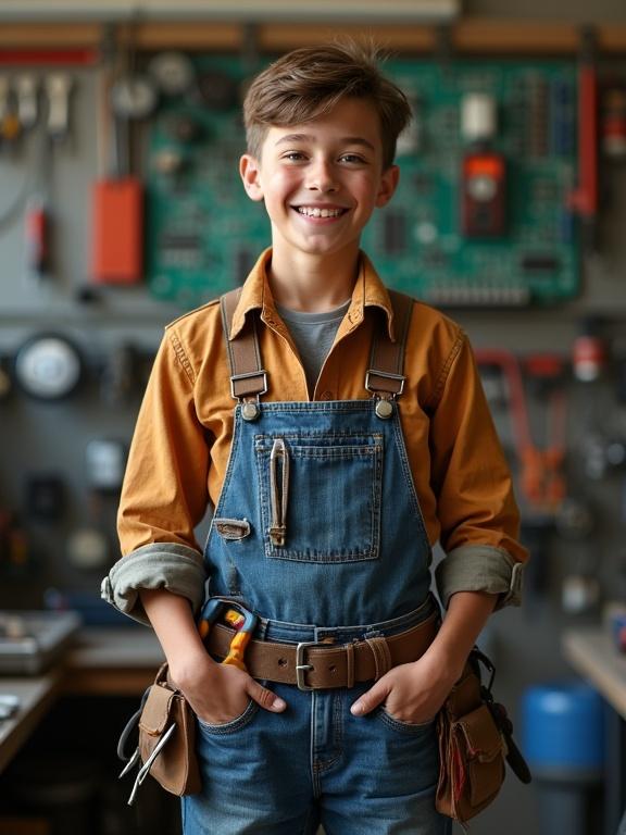 Photorealistic image of a young electronics repair boy standing proudly. He has a confident smile. Dressed in rugged work clothes including jeans and utility shirt. Tools dangle from his belt and pockets. Hands slightly stained from work. Background is a repair workshop with electronic parts. Lighting is natural and soft.