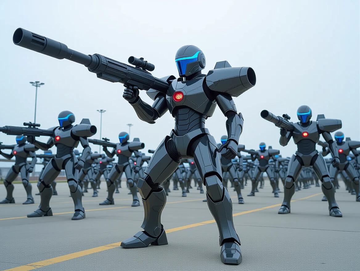 Image of a chrome Cylon army inspired by Battlestar Galactica. Soldiers equipped with big guns are positioned in a formation. Robots have a futuristic design and blue glowing elements.