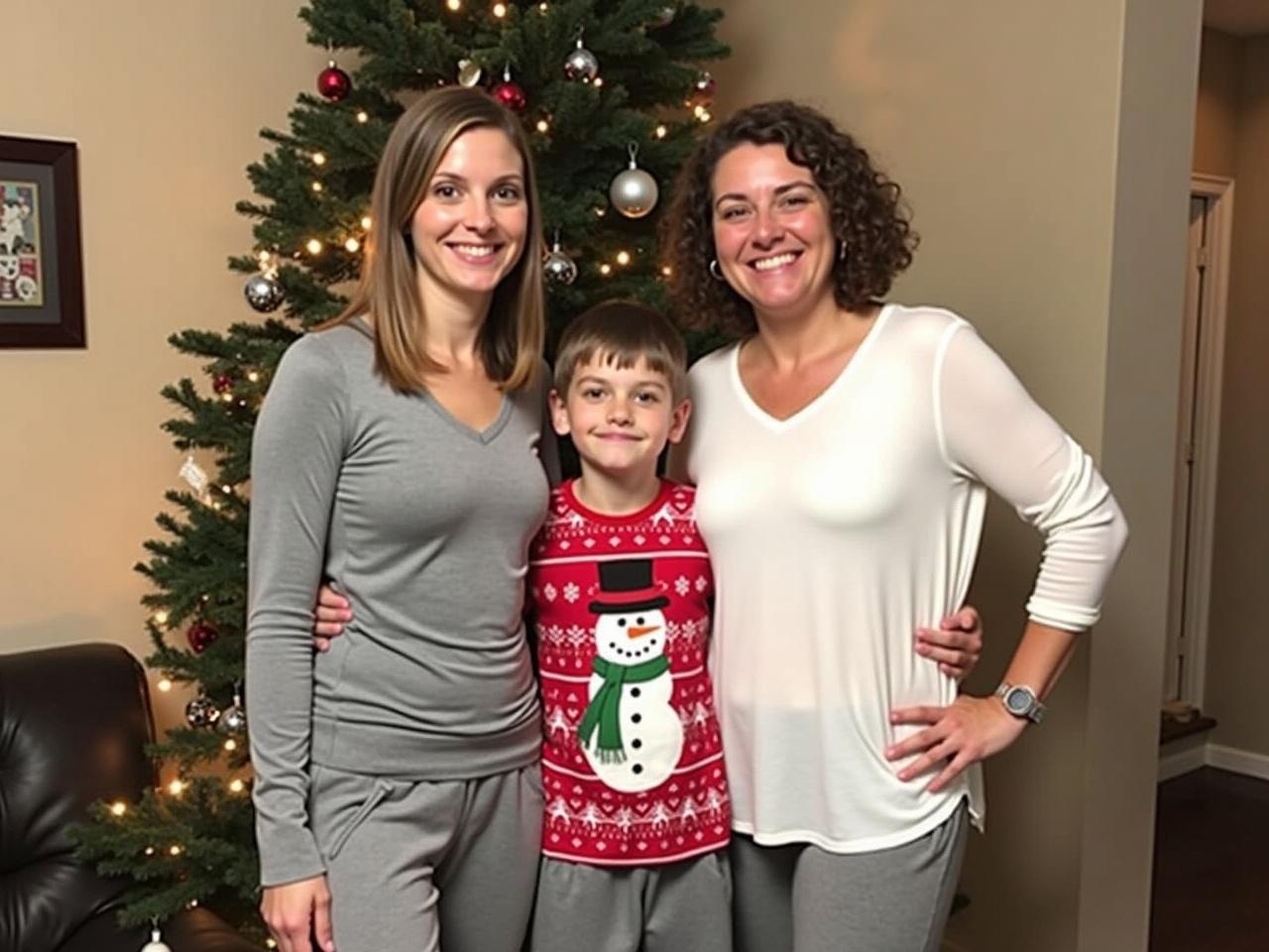 In a cozy room decorated for the holidays, three individuals stand together. On the left, one person wears a grey top and matching sweatpants. In the middle, a child is dressed in a festive shirt decorated with a snowman design. The person on the right also wears a white top and grey sweatpants. The room has a Christmas tree in the background, adorned with lights and ornaments. The atmosphere is warm and festive, capturing a cheerful moment of togetherness.