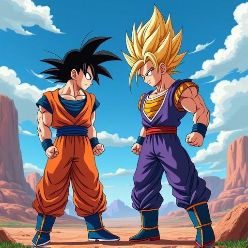 Image depicts Goku and Vegeta facing each other in a standoff. They are in their iconic outfits and hairstyles. The background showcases a dynamic sky and rocky terrain typical of Dragon Ball settings.