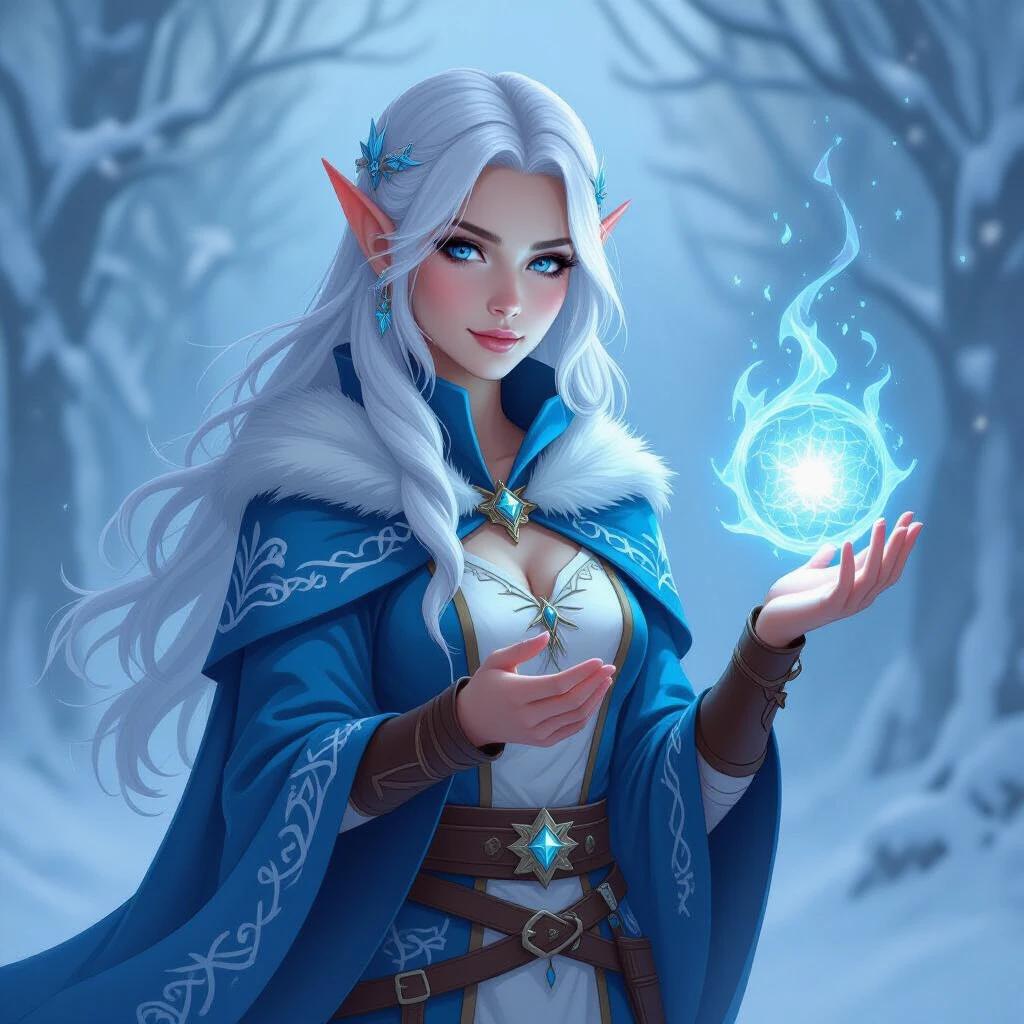 Female elf with pointed ears wearing a blue cloak. Ice magic in hands. Snowy forest background.
