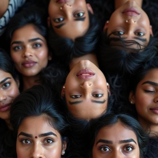 Image of multiple women with dark features. Faces are aligned closely together. All have serious expressions. Eyes wide open and mouths closed. Dark hair and eyebrows.