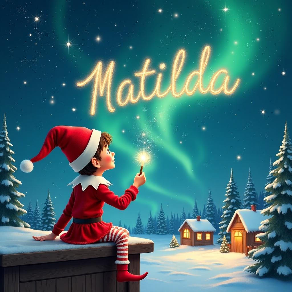 An elf sits on a wooden ledge with its back to the camera, gazing at a magical sky. Dressed in a red outfit with a pointed hat, the elf holds a sparkling wand. With the wand, the elf writes the name 'Matilda' in the starry sky. The scene is painted with a snowy landscape, charming little houses, and evergreen trees under shimmering Northern Lights. This whimsical depiction captures the essence of childhood magic and Christmas cheer. The elf elegantly adds the names 'Saige' and 'Huntley' in the same starry sky, enriching the magical atmosphere.