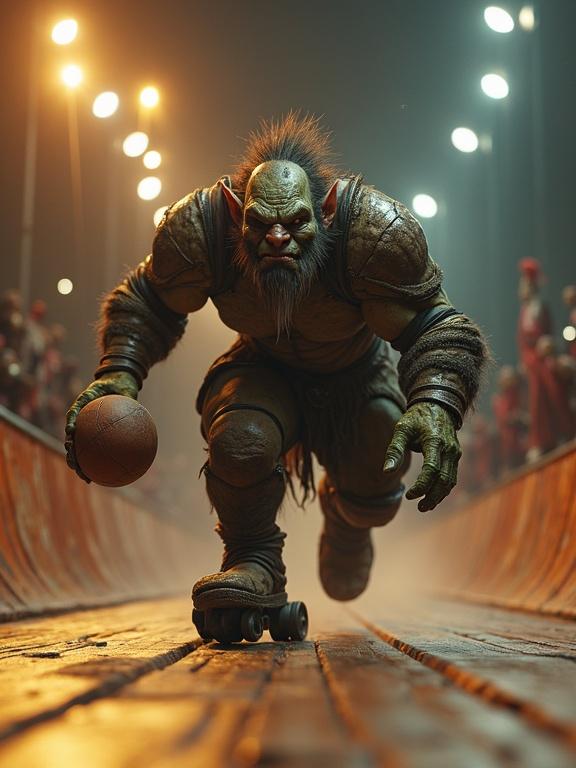 Fantasy troll plays rollerball on wooden track under spotlights. He wears armor with rippling muscles. Holds ball ready to strike. Cinematic hyperdetailed fantasycore style captures whimsical menacing nature.