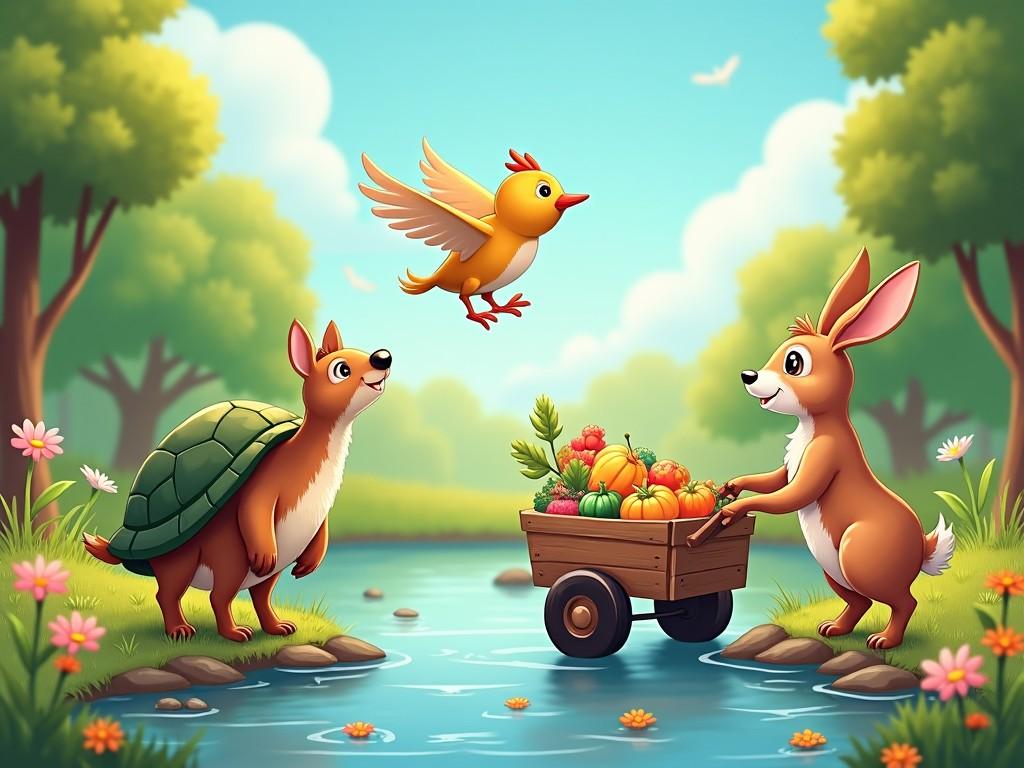 A whimsical scene features a rabbit and a turtle by a peaceful stream. The rabbit joyfully pulls a wooden cart filled with colorful fruits and vegetables. Above, a cheerful yellow bird flies playfully. Lush greenery surrounds them, creating a vibrant nature setting. Flowers bloom around the water's edge, adding to the joyful atmosphere.