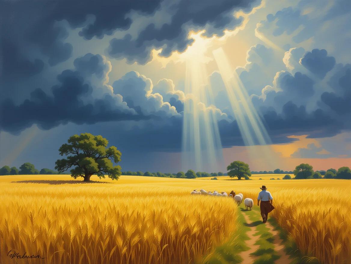 Dramatic landscape of a golden wheat field beneath a summer storm. Dark clouds contrast with divine light illuminating the grain. Trees bend in the wind. A shepherd hurries his flock to shelter. Scene captures nature's power and providence. Romantic agricultural theme.