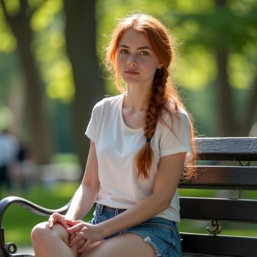 An 18 year old Irish woman with red braided hair and blue almond eyes sits on a bench in Central Park. She wears a short blue jean and a white t-shirt. It is a warm sunny summer day.
