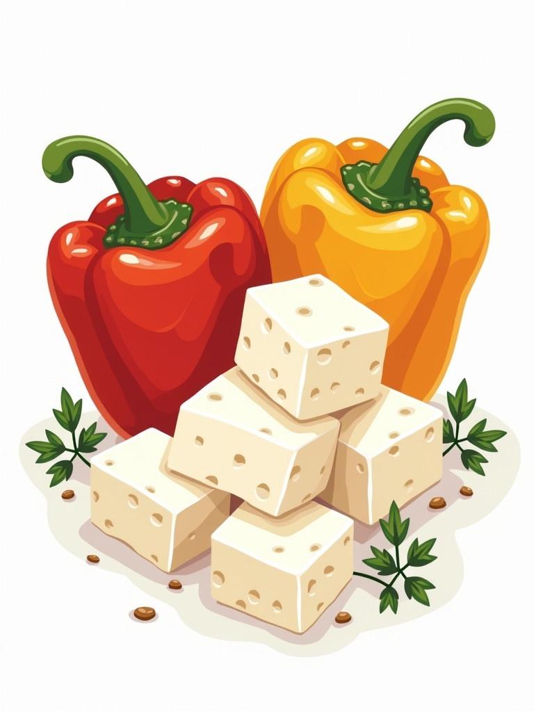 Bold illustration displaying feta cheese cubes alongside red and yellow bell peppers with oregano leaves. Bright colors and fun design. Suitable for food-related contexts.