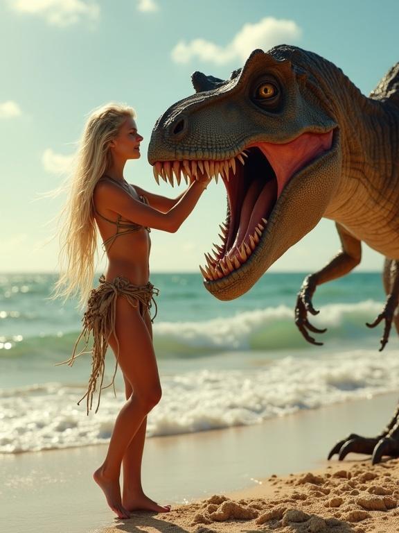 A girl dances on the sandy beach with a dinosaur. The girl has long blonde hair and tanned skin, wearing a tribal loincloth. The dinosaur has an open mouth, thick and slimy, resting its head against her stomach. Both appear calm under the sun with ocean waves in the background.