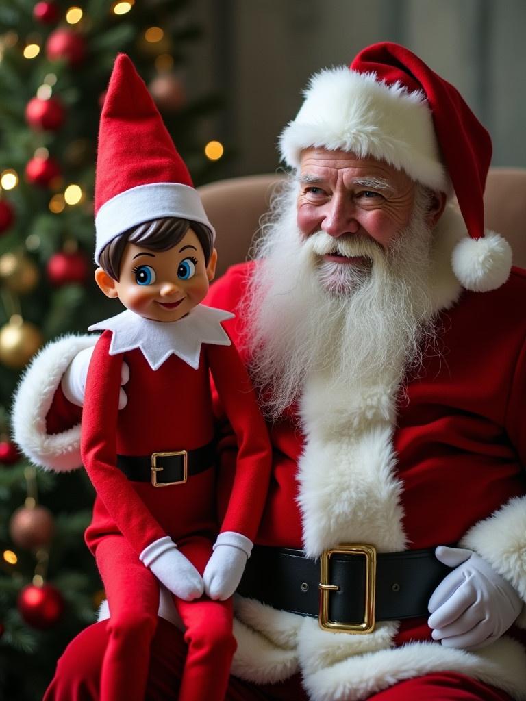 Elf and Santa character together in a cozy setting. Christmas tree in the background. Warm lighting creates a festive atmosphere.