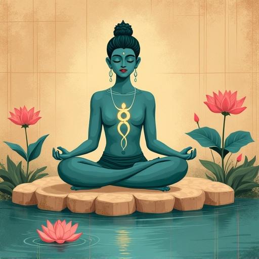 Teal-blue meditative figure sitting cross-legged beside stone pond. Pink lotus flowers bloom around. Figure has Indian miniature painting features with almond-shaped eyes and soft expression. Glowing twin serpent symbol on chest. Background is beige sandstone texture with grid lines. Flat color shading and muted tones evoke ancient Indian art.