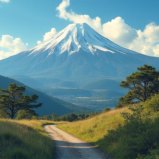 Campground with view of Mount Fuji located in Japan. Green landscape with dirt path leading towards the mountain. Soft clouds scattered in the sky overhead.