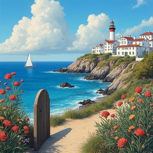 Lighthouse stands on a cliff above a rocky shore. Wildflowers decorate the path that leads to white buildings. A sailboat floats in the distance on a blue ocean. Sky is sunny with fluffy clouds.