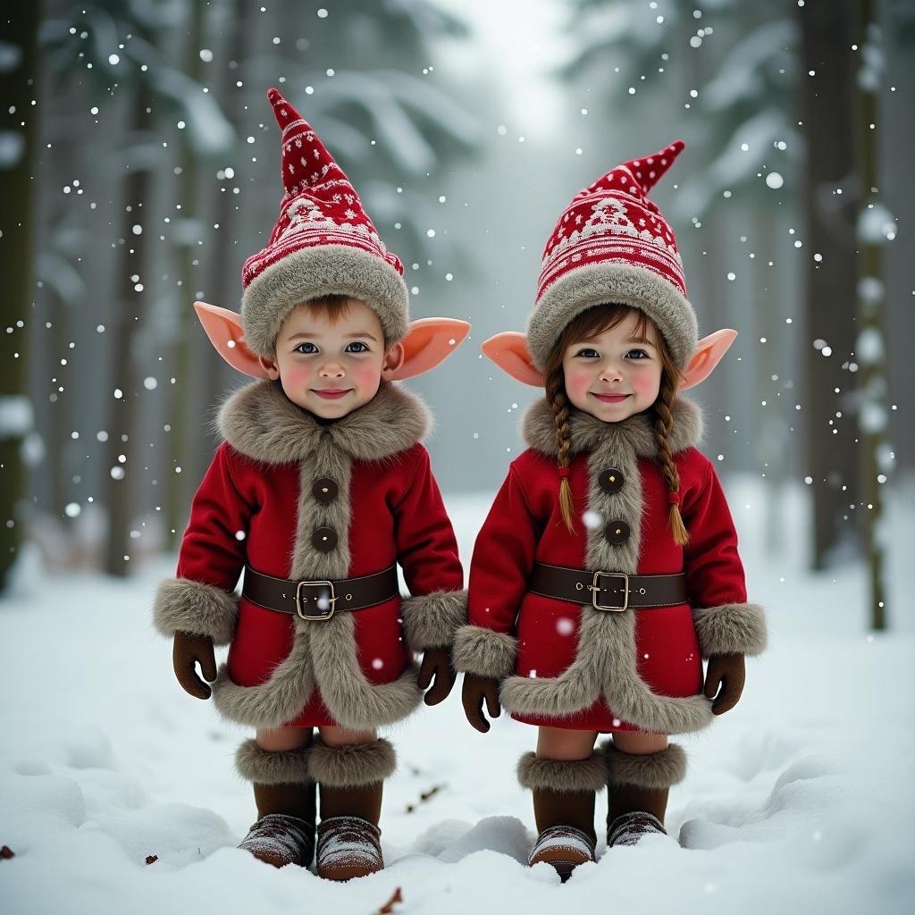 Two elves wearing festive red outfits stand in a snowy forest. They have elf ears and hats with patterns. Snowflakes fall gently around them. The scene evokes a whimsical holiday spirit. The names 'Hollie' and 'Oliver' are featured prominently but not visibly attached to the elves.