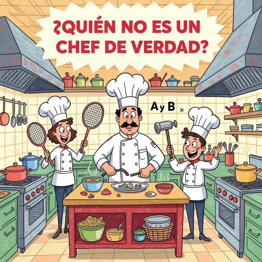 Colorful cartoon image titled '¿QUIÉN NO ES UN CHEF DE VERDAD?'. Shows a chaotic kitchen with chefs making extravagant dishes. A puzzled head chef in the center. Character A uses a tennis racket instead of a spatula. Bright colors and cheerful typography.