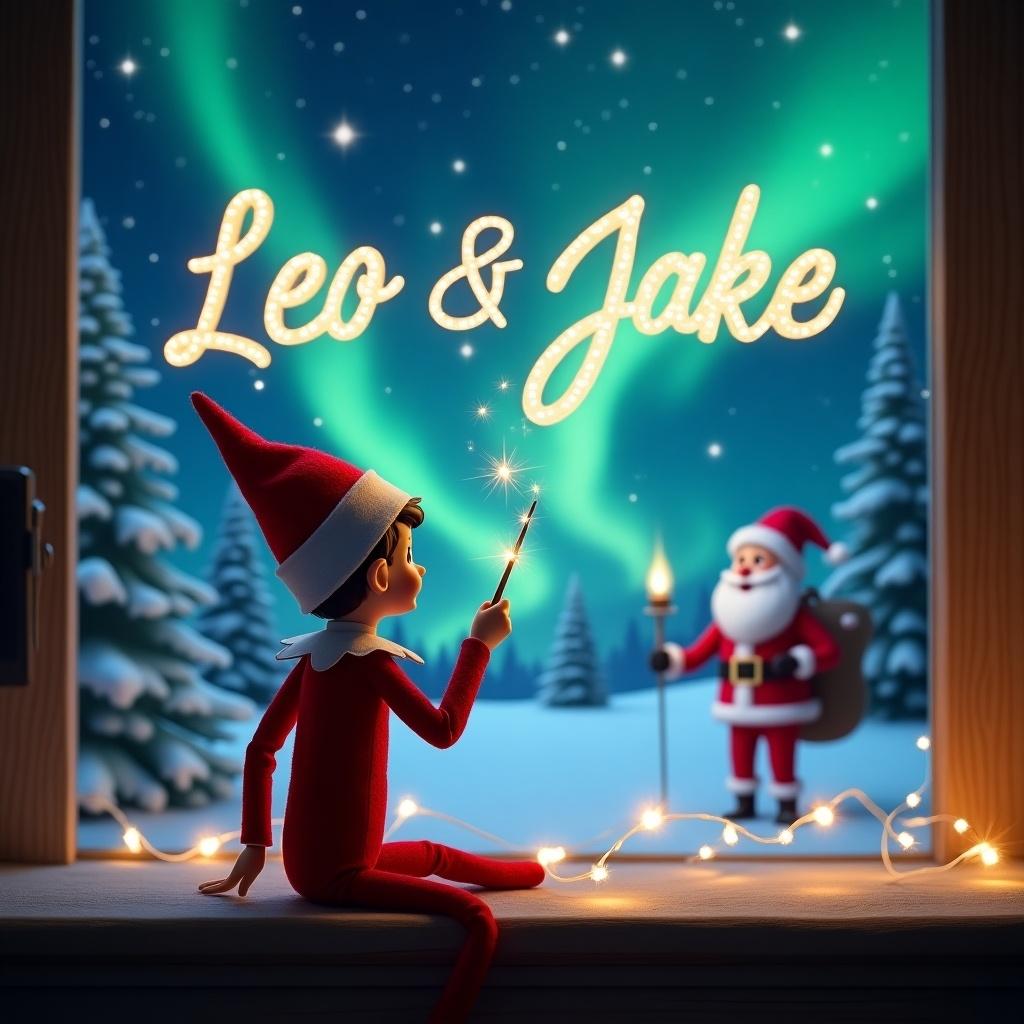 The image features an elf on the shelf, seated with its back to the viewer, gazing up at the night sky. It is using a magical wand to gracefully write the names 'Leo & Jake' in the air. The background showcases a breathtaking Christmas landscape illuminated by the northern lights, creating a festive atmosphere. In the distance, Santa Claus is visible, adding to the holiday charm. The scene is adorned with twinkling lights, enhancing the enchanting feel of this magical moment.