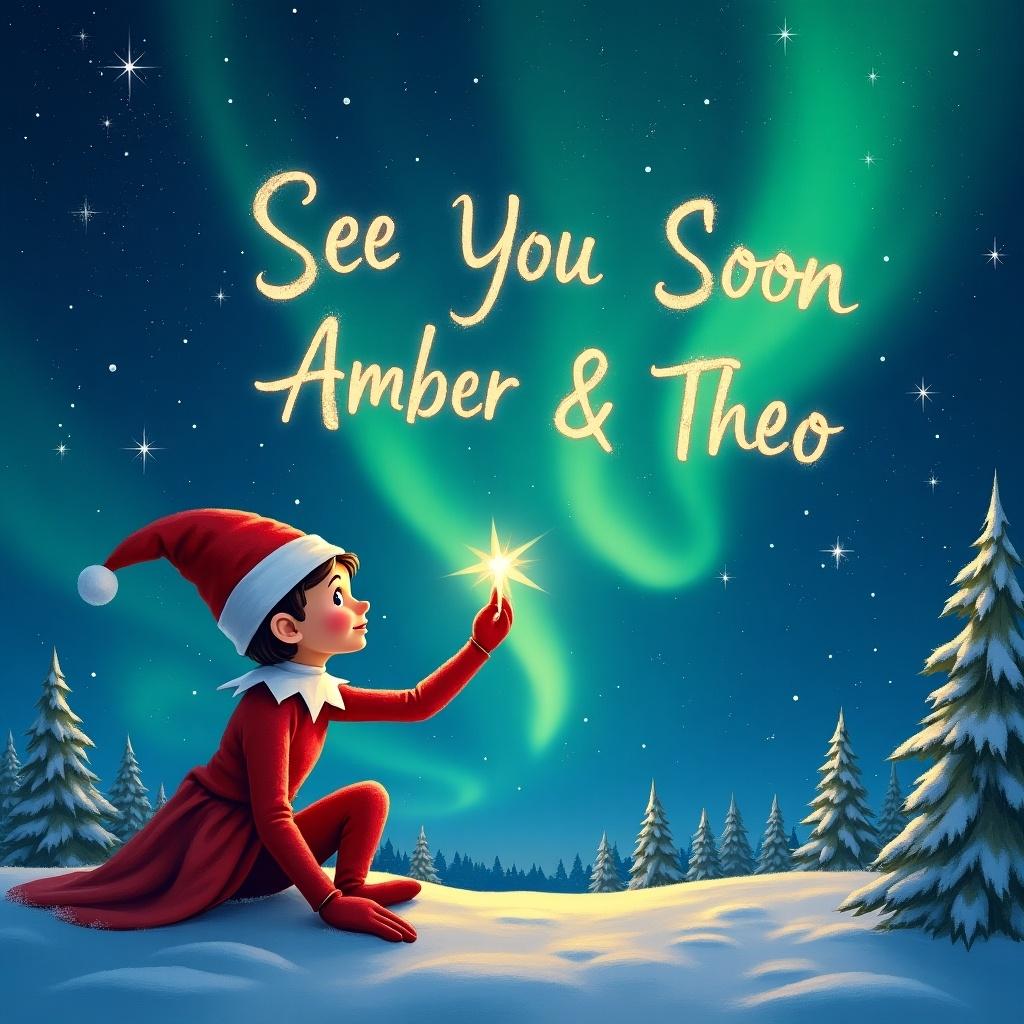 The image features a whimsical holiday scene depicting an elf on the shelf writing in the night sky. The elf, dressed in a classic red outfit with a pointed hat, sits among snow-covered pine trees. The sky is illuminated by vibrant northern lights in shades of green and blue, creating a magical atmosphere. The elf is holding a glowing star, emphasizing a sense of wonder and innocence. Above the elf, the words 'See You Soon Amber & Theo' are written in a playful, glowing script, adding a personal touch to the festive scene.