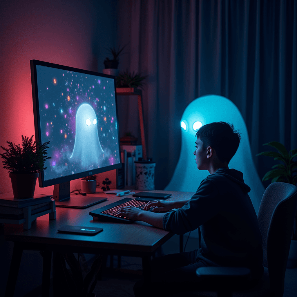 The image shows a young person sitting at a desk in a dimly lit room, intently focused on a computer screen. The screen displays a digital image of a bright, ghostly figure surrounded by a cosmic backdrop of stars and colorful sparkles. Next to the person, a glowing figure, similar to the one on the screen, stands in the room, adding an ethereal atmosphere to the environment. The room is decorated with small potted plants and has an overall cozy and tech-savvy ambiance. The lighting in the room is predominantly blue and red, emanating from the screen and other small lights, creating a futuristic and immersive setting.