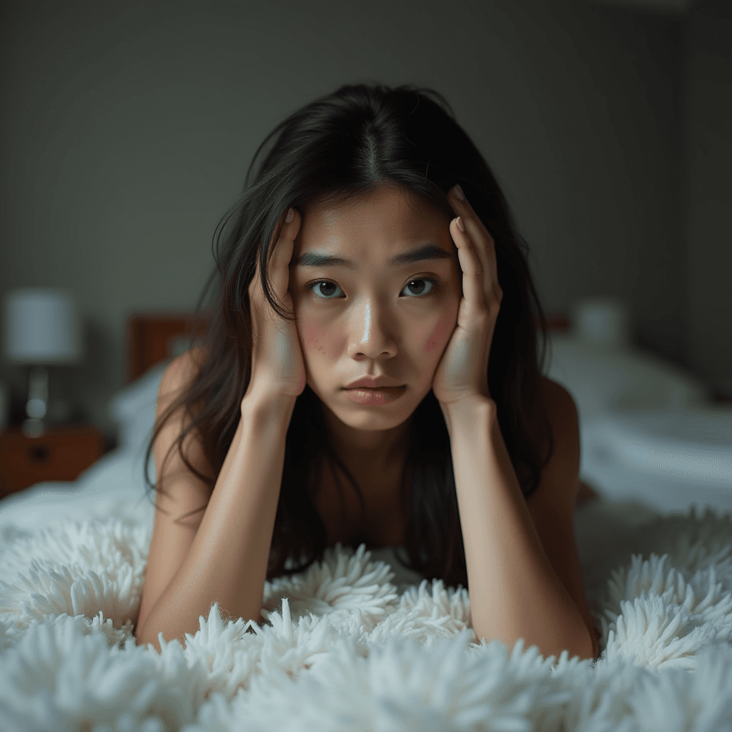 A person with long dark hair rests their head on hands, lying on a fluffy white surface with a thoughtful expression.