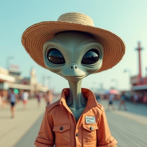 Gray alien wearing tourist clothes and beach hat on the boardwalk