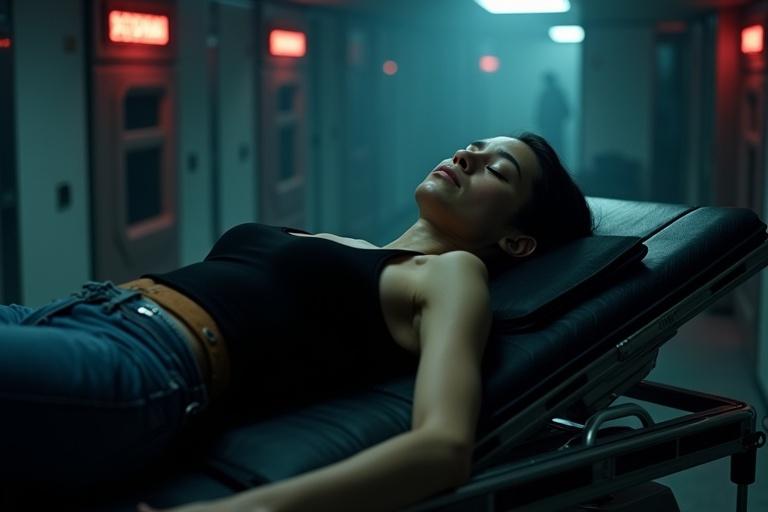 Inside a dim flickering room of a spacecraft a tall girl lies unconscious on a high-tech stretcher. She wears a black sleeveless shirt blue jeans and black joggers. The room is quiet with flickering red emergency lights casting shadows. Above her head distorted dream imagery appears like alien plants and chaos. The camera angle is a close-up from above her face showing her sleeping expression and the floating dream visuals.
