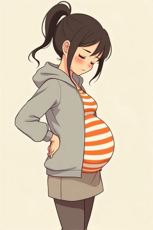 Anime-style illustration featuring a pregnant character inspired by Juno. Brunette with a ponytail. Gray hoodie over an orange and white striped t-shirt. Light brownish gray mini-skirt and leggings. Hands on back showing discomfort. Art style reflects Studio Ghibli.