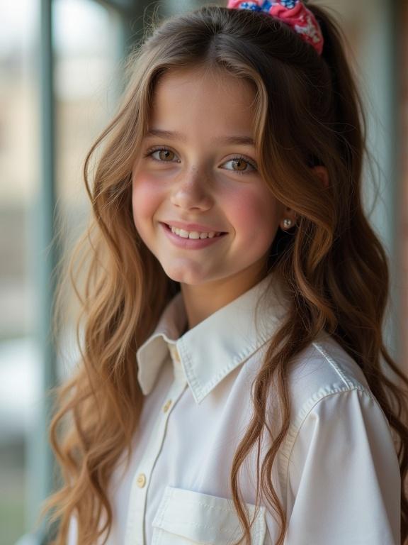 A girl named Lily with long wavy chestnut hair. She wears a messy ponytail with a colorful scrunchie. Hazal eyes sparkle. She has a petite frame. She's in a high school uniform with a white blouse. The image has pixelated quality. Bright colors may appear oversaturated.