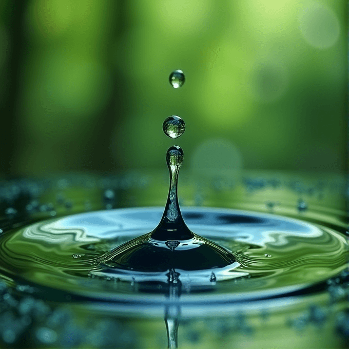 A vivid image of a droplet of water elegantly suspended above a pool, creating ripples with a blurred green background.