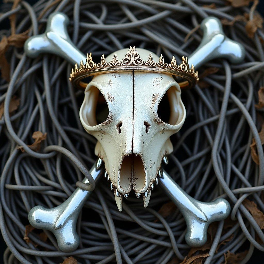 A shark skull with a golden crown. Skull positioned on a background of bones. Bones arranged like a pirate flag. Tridents replace traditional bones. Fishing net details surrounding the skull and bones.