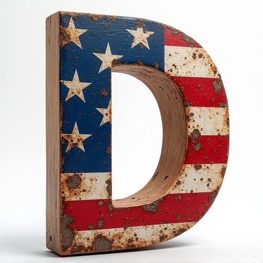 A decorative letter D with an American flag design. The letter appears rustic with a weathered look. The background is neutral, focusing on the letter. Designed for a patriotic theme.