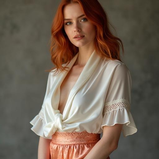 Woman with red hair wears white silk blouse and salmon silk skirt. Lace trim adds detail. Soft natural lighting enhances the scene.