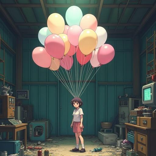 Medium shot inside an old storage shed. A girl stands under many helium balloons. She is tying balloons onto a man's torso. The man looks bewildered. Junk and old equipment are around. The lighting is dim. Anime style, high detail.