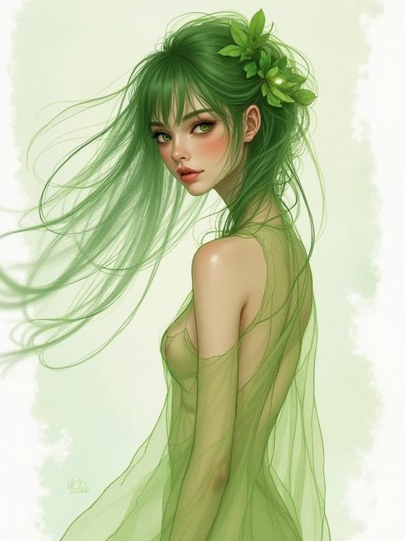 Digital artwork of a dreamy leafy princess. She embodies an ethereal quality with translucent features. The piece showcases jelly-like strokes and painterly lines in a whimsical watercolor style. The composition is free-flowing and light, with captivating eyes and a tranquil expression. The princess is adorned with leaves in her hair and a delicate, artistic touch throughout.