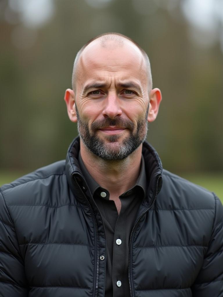 A man is outdoors. He has a bald head and a medium-sized beard. He is of short height and considered average looking. He exhibits signs of low self-esteem. He wears a black puffer jacket over a dark shirt.