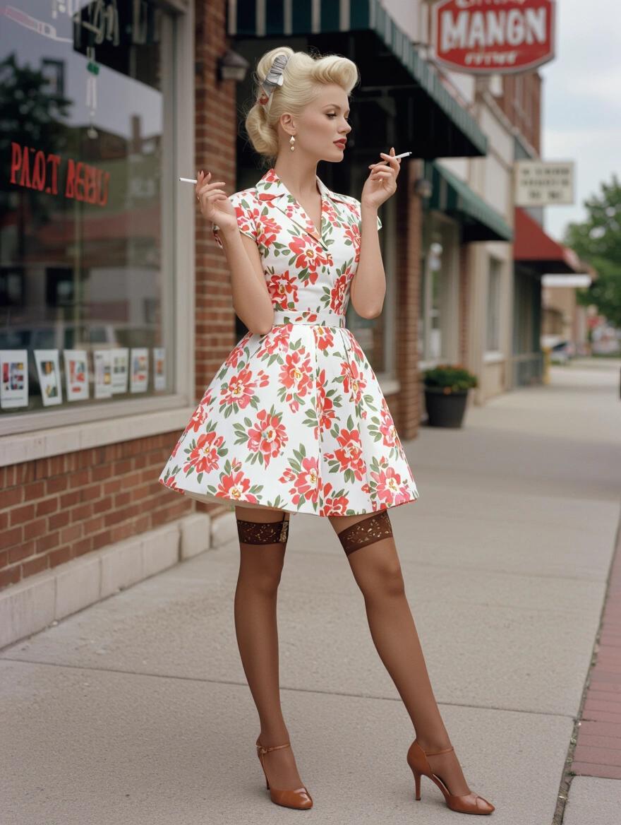 Side view of a 1960s woman. Updo platinum blonde hair. Holding a cigarette. Wearing a floral sundress. Long legs and garters. Brown stockings shown. Thick solid brown stocking tops with high heels. Standing on a small town sidewalk. Wind blowing up dress.